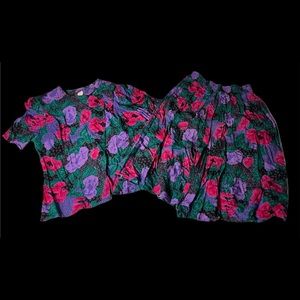 Vintage Damon Black Floral 2 Piece Union Made Dress Size 14+ Union Made